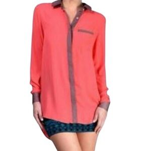 FREE PEOPLE Coral and Brown Color Block Button-up Blouse Hi-Lo Small Petite